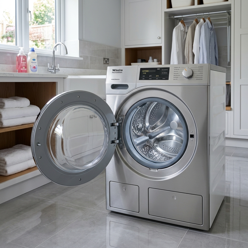 Front-load washing machine in a clean, well-kept utility room